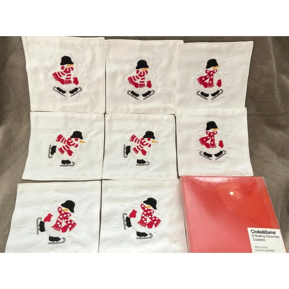 Crate & Barrel ~ 8 Embroidered Christmas Skating Snowman Cotton Coasters ~ New